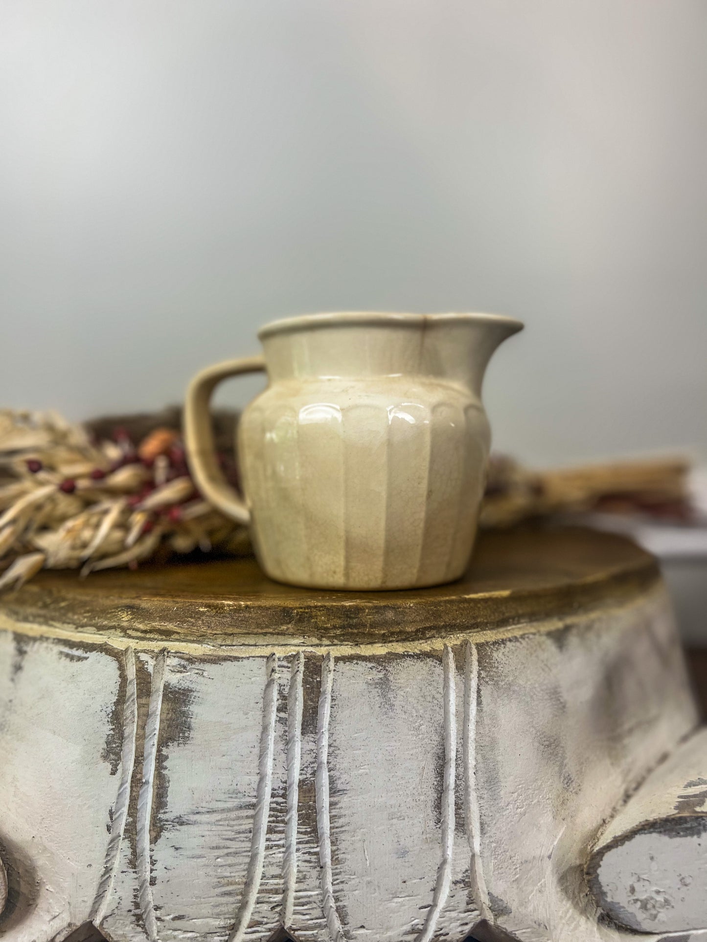 Vintage white ironstone pitcher, embossed daisy, pint size stoneware creamer; syrup, gravy boat; vase. Vintage farmhouse country.