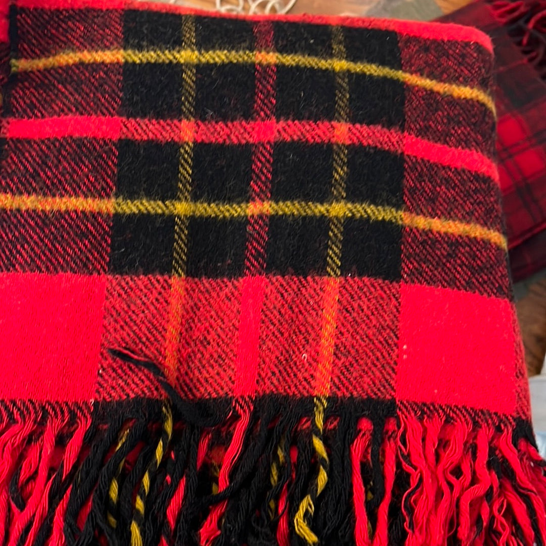 Vintage red/black/yellow plaid blanket-repairs