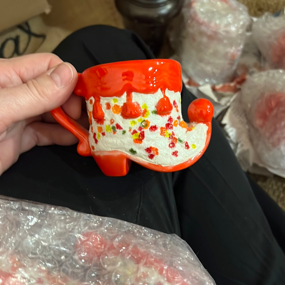 Vintage red, white and green speckled boot Pitcher & mug set