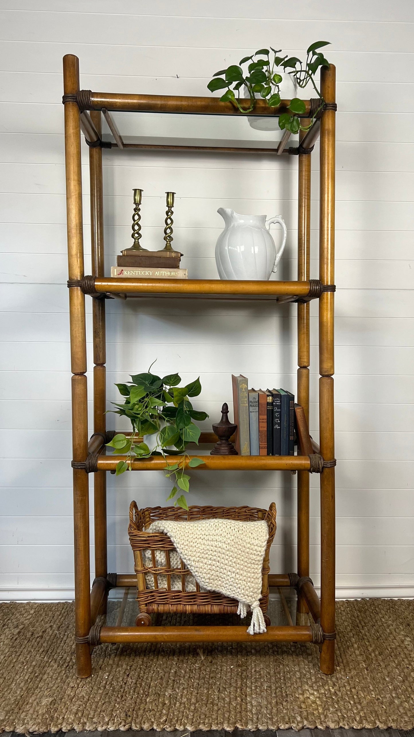 Vintage Faux Bamboo Etagere Bookshelf Glass Shelves Boho Style