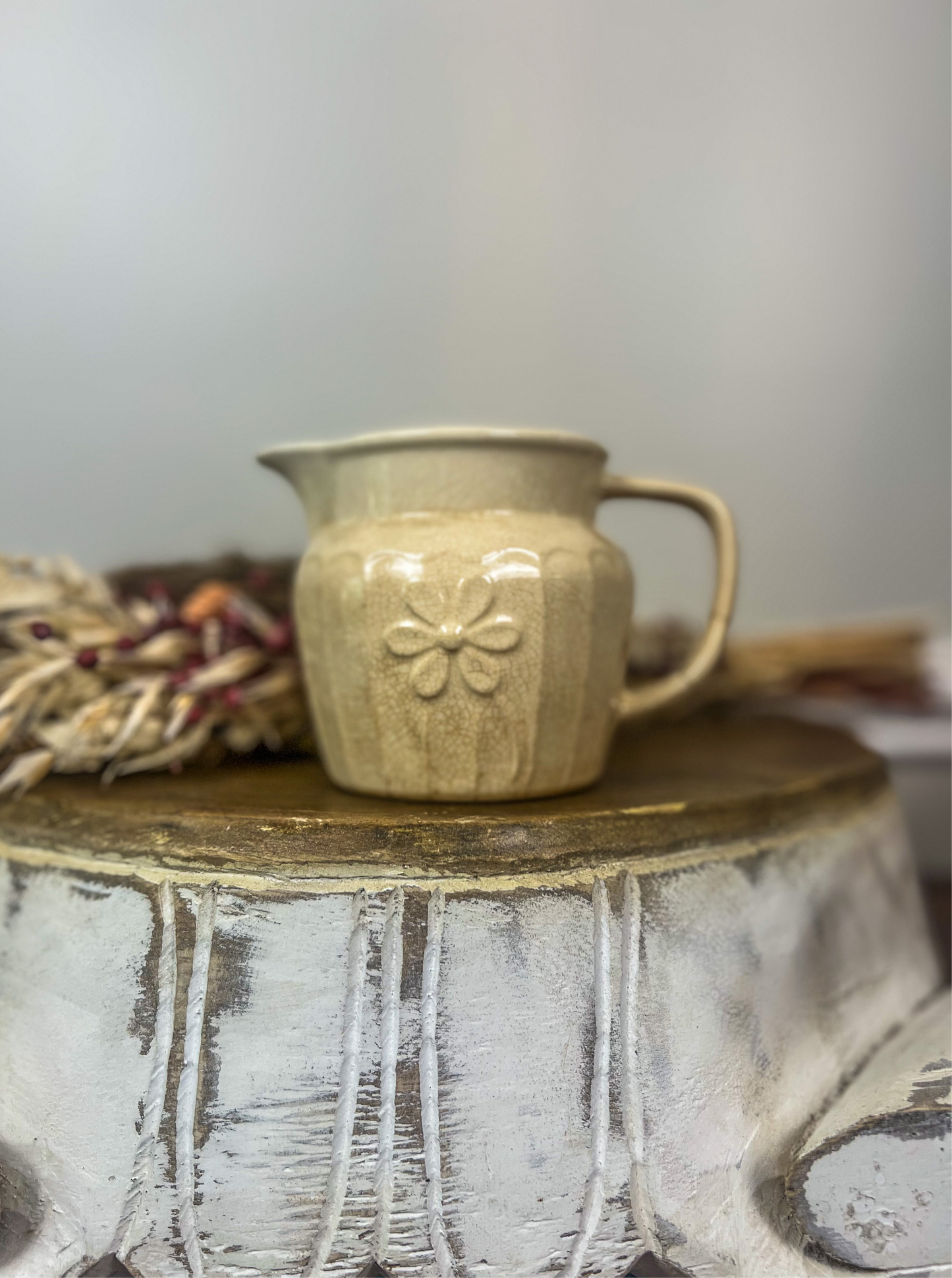 Vintage white ironstone pitcher, embossed daisy, pint size stoneware creamer; syrup, gravy boat; vase. Vintage farmhouse country.