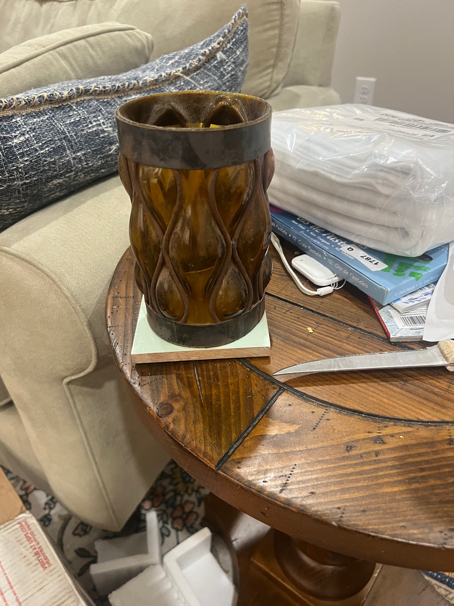 Vintage light fixture to candleholders with tile base