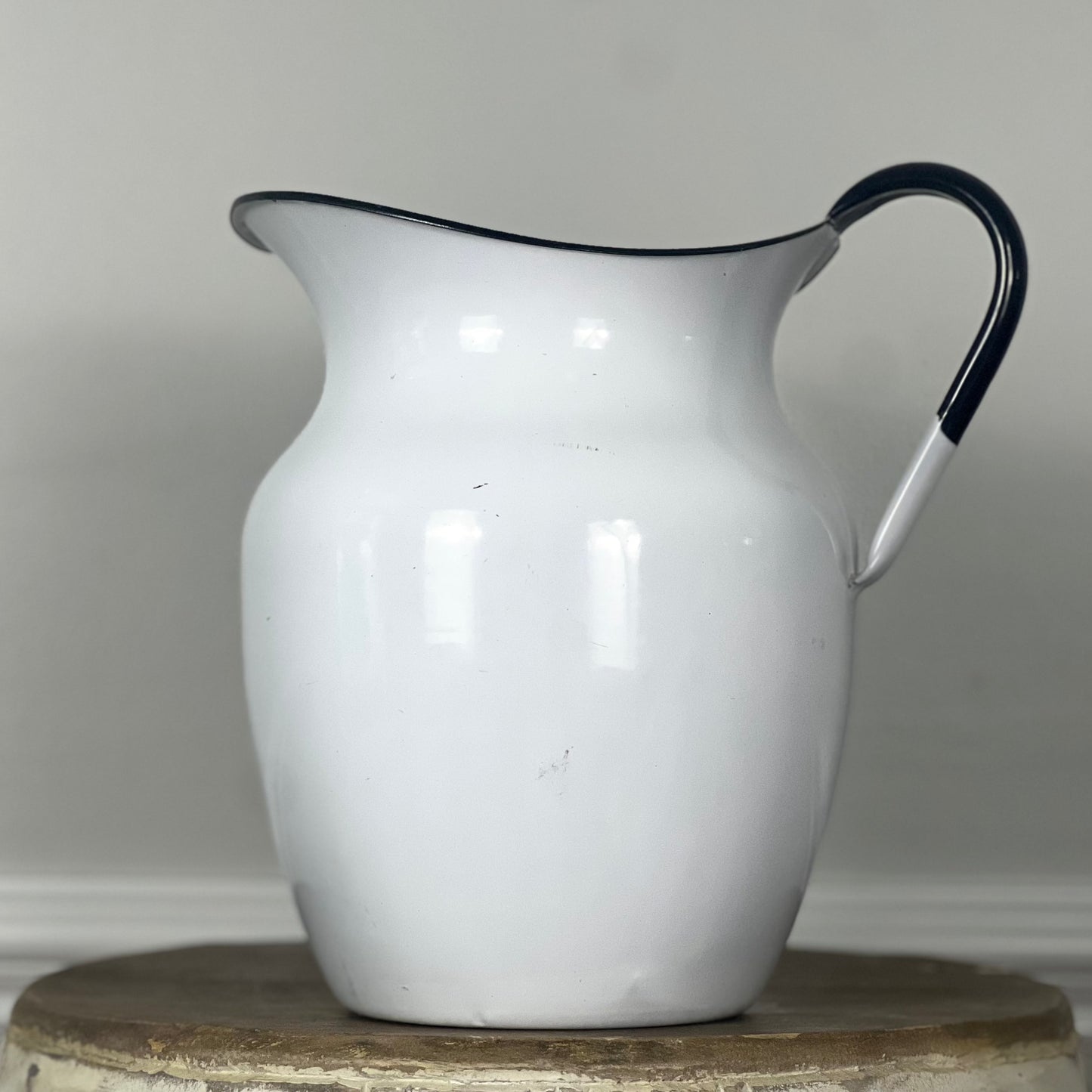 Vintage White Enamel Pitcher with Black Detailing