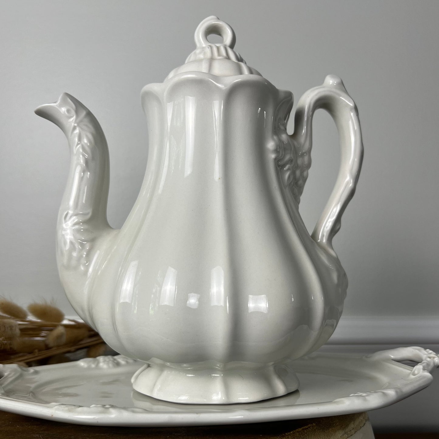 Redcliff White Ironstone Teapot-Grapevine pattern c. 1950-1980 with matching underplate