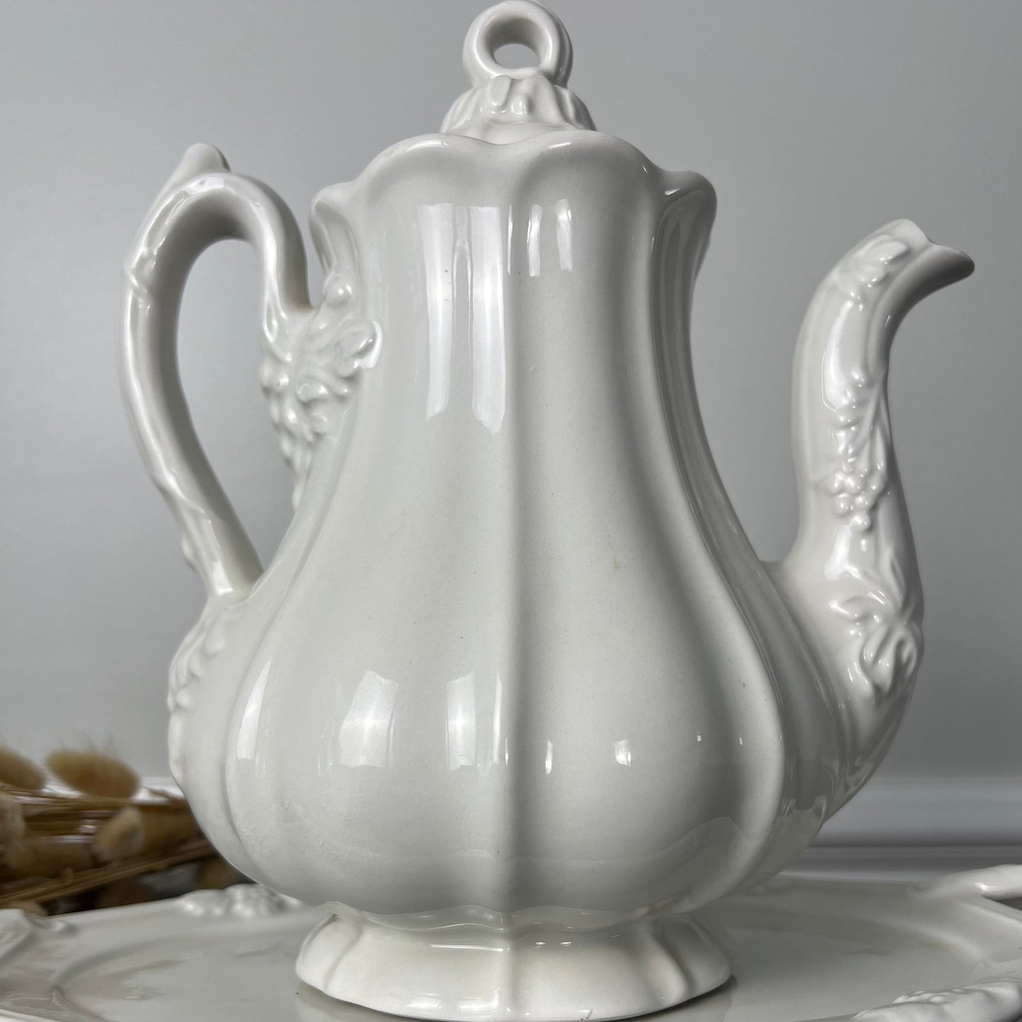 Redcliff White Ironstone Teapot-Grapevine pattern c. 1950-1980 with matching underplate