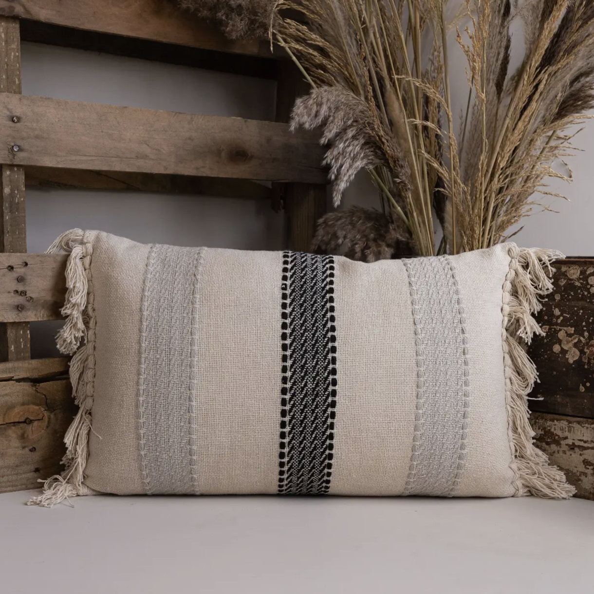 Adrienne Stripe Gray Cotton Lumbar Filled Pillow- 14"x22'