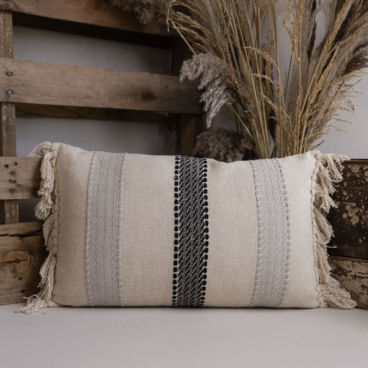 Adrienne Stripe Gray Cotton Lumbar Filled Pillow- 14"x22'