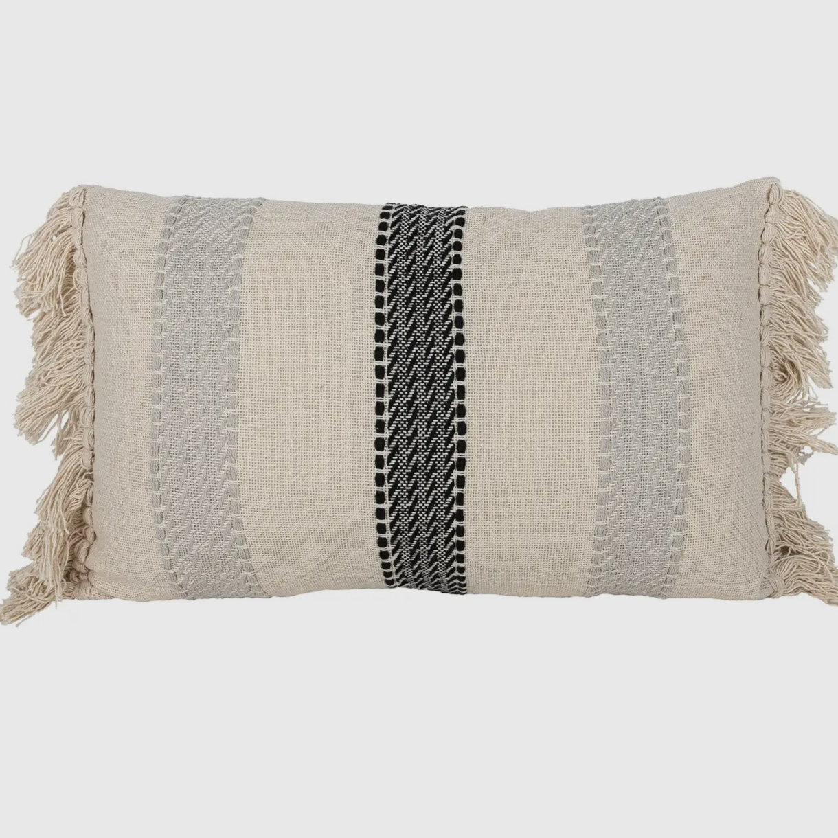 Adrienne Stripe Gray Cotton Lumbar Filled Pillow- 14"x22'