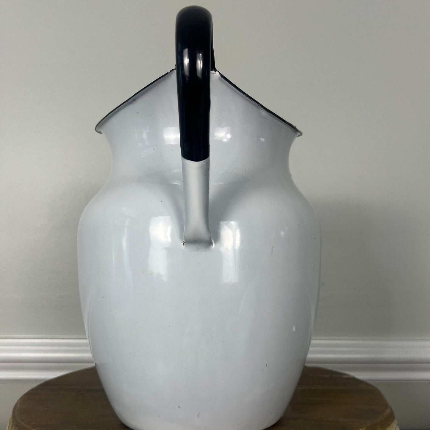 Vintage White Enamel Pitcher with Black Detailing