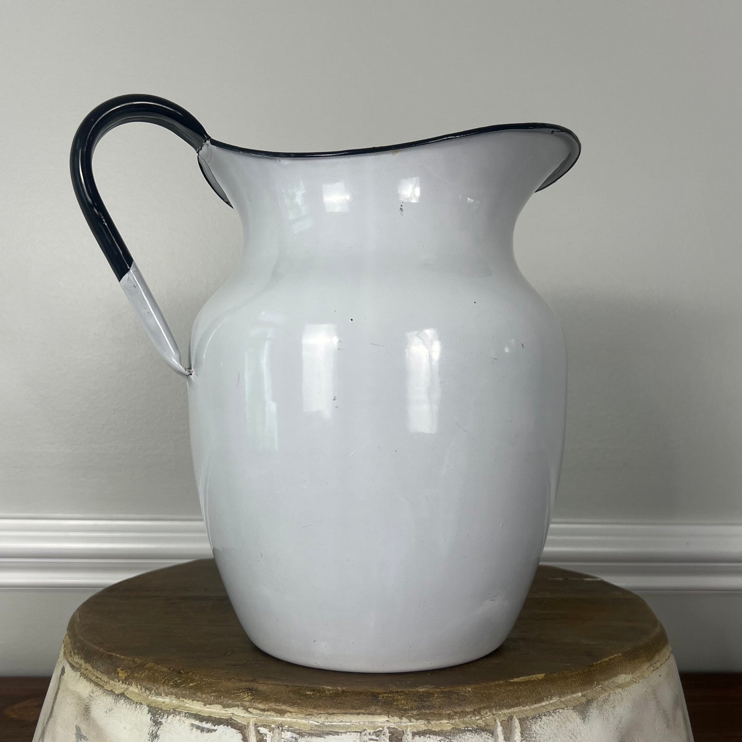 Vintage White Enamel Pitcher with Black Detailing