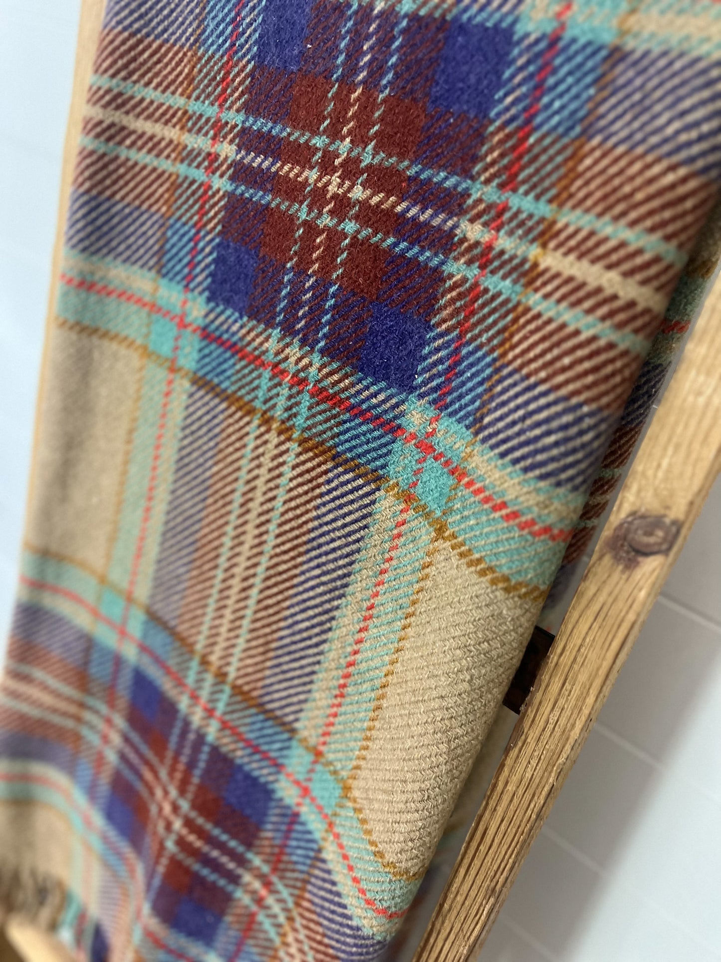 Vintage wool plaid blanket with fringe