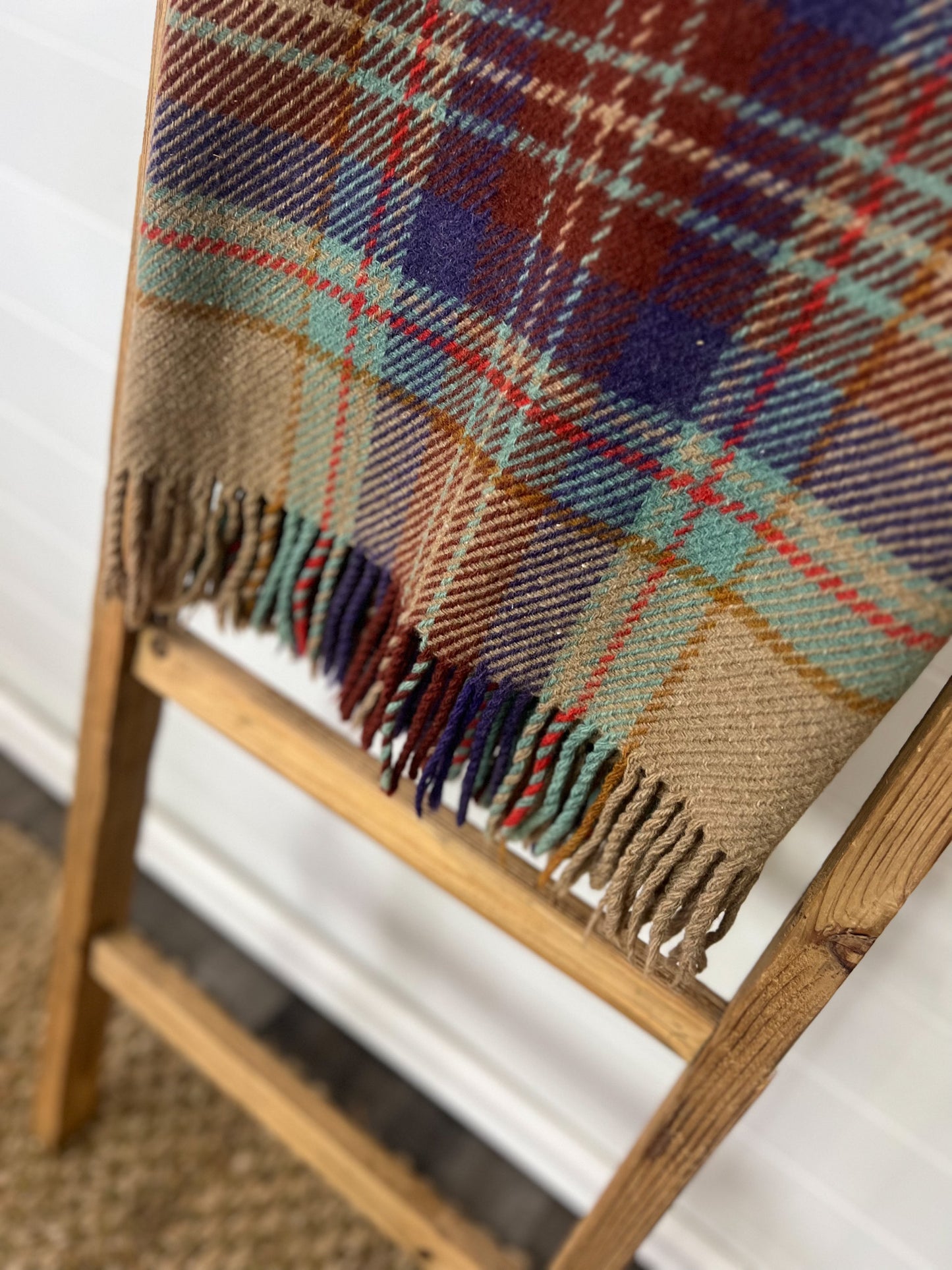 Vintage wool plaid blanket with fringe